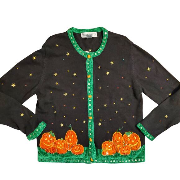 Halloween Jack o Lantern Cardigan Vintage 90s Orange Green Black Pumpkin Sweater - Picture 1 of 12